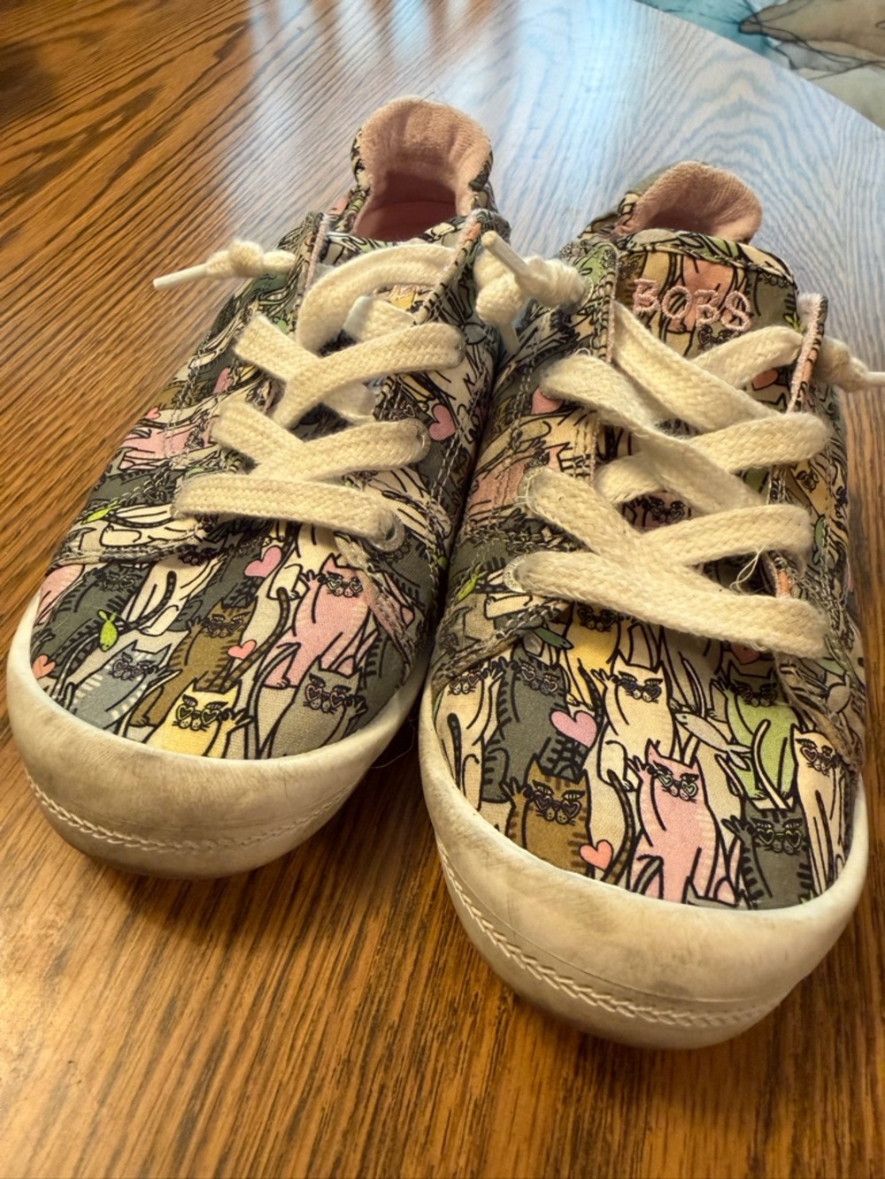 BOBS from Skechers Cat-Print Canvas Sneakers - Pink, Green & Gray